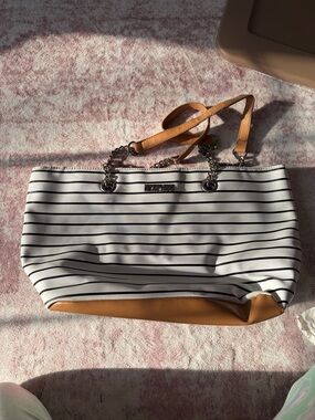 Kenneth Cole Reaction White and Navy Striped Tote with Tan Trim